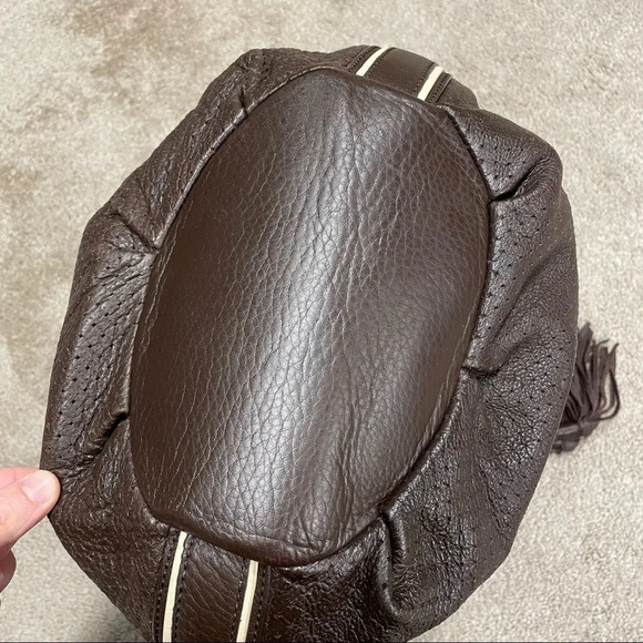 Francesco Biasia Brown 100% Calf Leather Perforated Fringe Bucket Bag Hobo - Picture 8 of 15